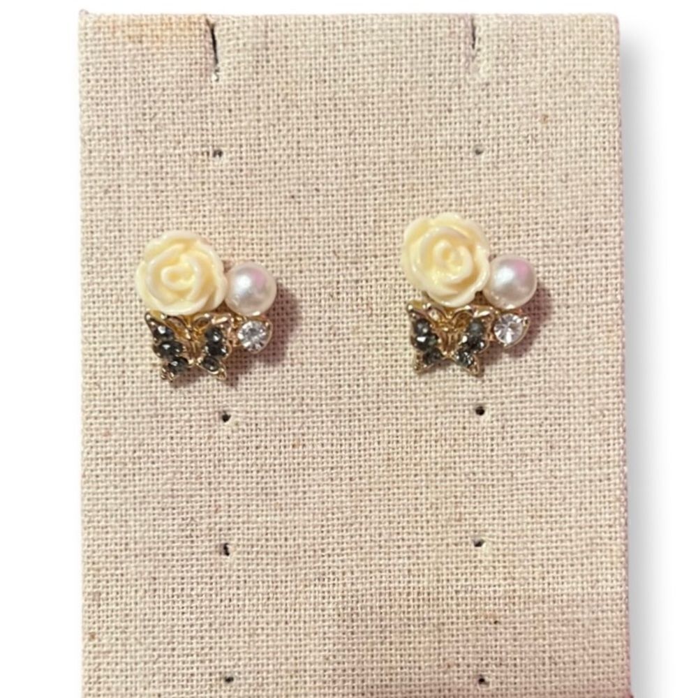 NEW Pearl Blue Rhinestone Butterfly Flower Stud Earrings